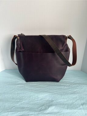Leather Crossbody Bag in Deep Plum with Tassel